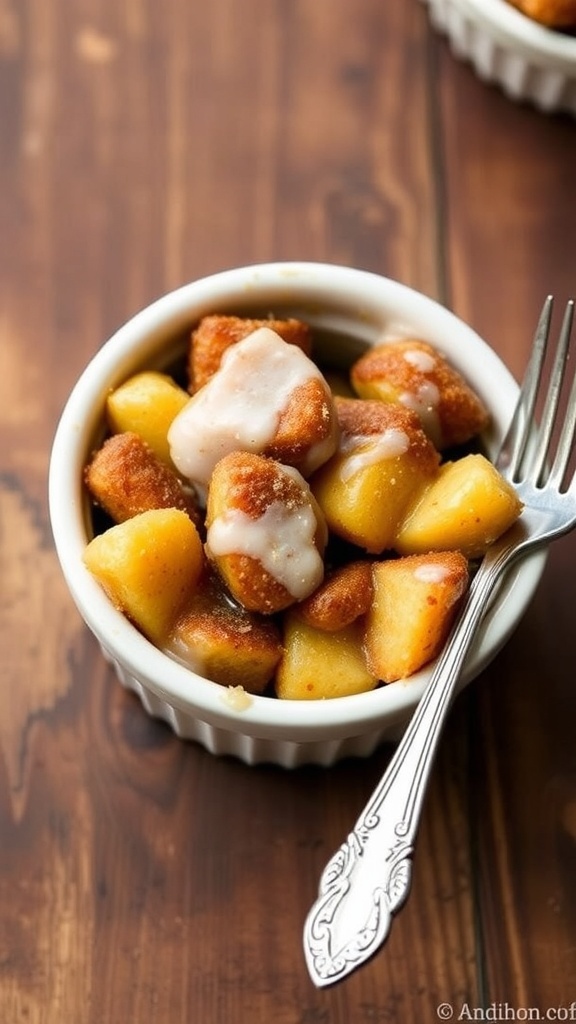 Single serving of monkey bread in a ramekin, drizzled with glaze and sprinkled with cinnamon sugar.